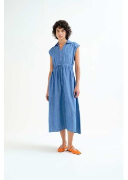 VESTIDO MIDI 100% ALGODÓN CHAMBRAY AZUL CLARO.