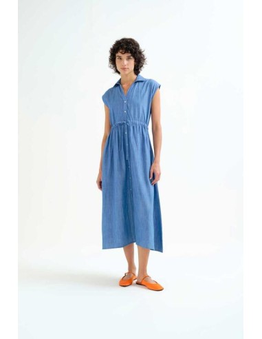 VESTIDO MIDI 100% ALGODÓN CHAMBRAY AZUL CLARO.