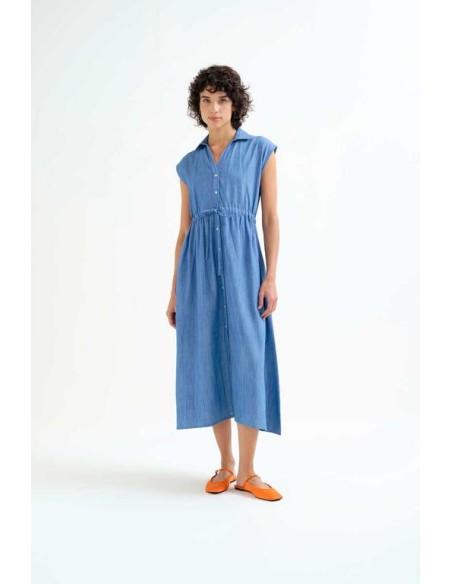 VESTIDO MIDI 100% ALGODÓN CHAMBRAY AZUL CLARO.
