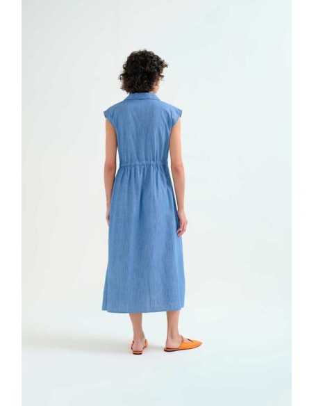 VESTIDO MIDI 100% ALGODÓN CHAMBRAY AZUL CLARO.