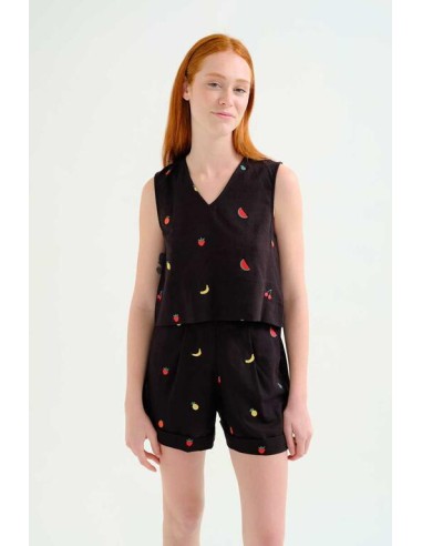 TOP 100% ALGODÓN NEGRO CON BORDADO DE ENSALADA DE FRUTAS.