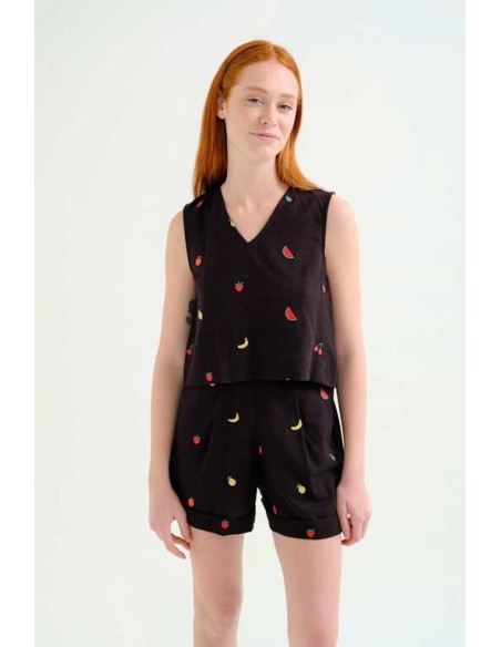 TOP 100% ALGODÓN NEGRO CON BORDADO DE ENSALADA DE FRUTAS.