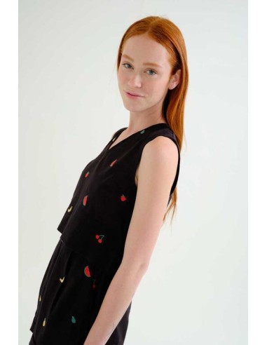 TOP 100% ALGODÓN NEGRO CON BORDADO DE ENSALADA DE FRUTAS.