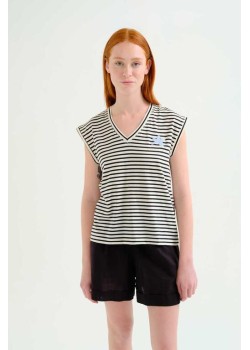 CAMISETA SIN MANGAS CON ESTAMPADO DE RAYAS BLANCO Y NEGRO.