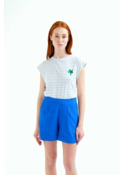CAMISETA CON ESTAMPADO DE RAYAS BLANCO Y AZUL.