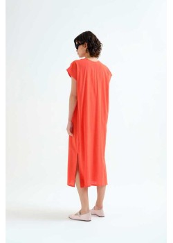 KAFTAN LARGO NARANJA CON ESCOTE ROSA. 2