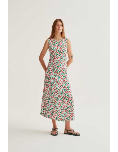 VESTIDO LARGO CON ESTAMPADO GUINDA.