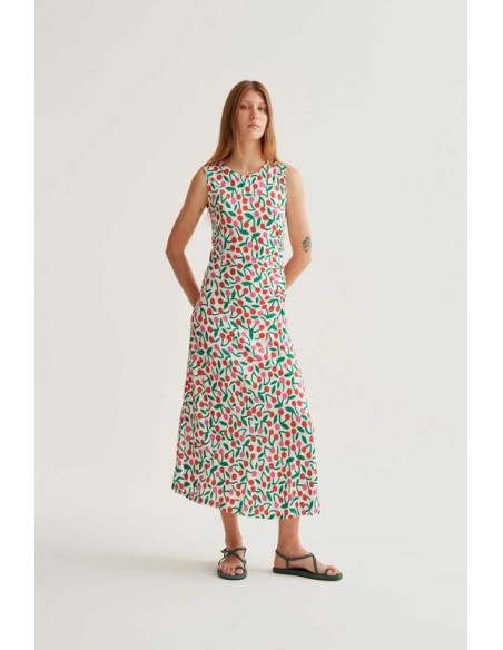 VESTIDO LARGO CON ESTAMPADO GUINDA.