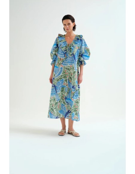 VESTIDO LARGO PLAYERO CON ESTAMPADO PARROT.