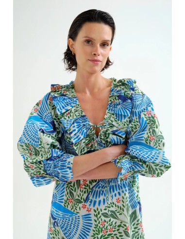 VESTIDO LARGO PLAYERO CON ESTAMPADO PARROT.