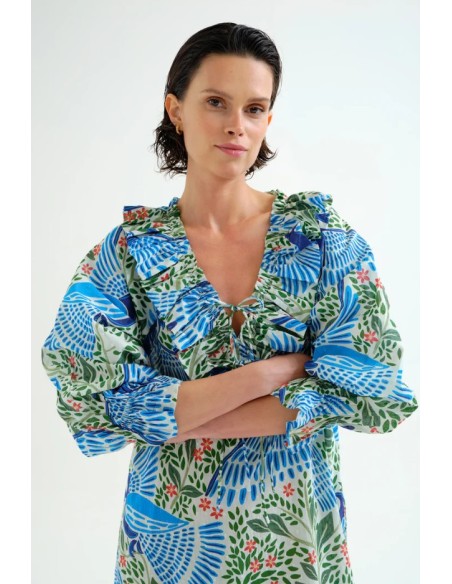 VESTIDO LARGO PLAYERO CON ESTAMPADO PARROT.
