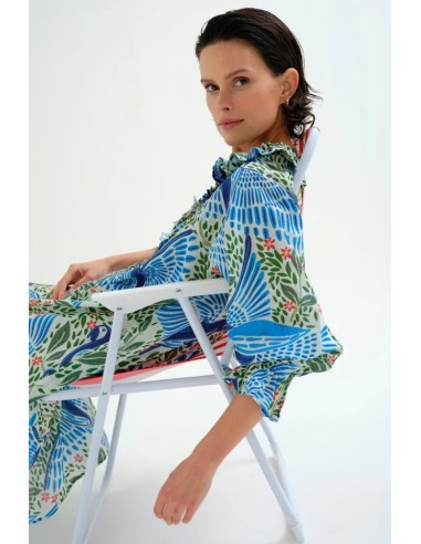 VESTIDO LARGO PLAYERO CON ESTAMPADO PARROT.