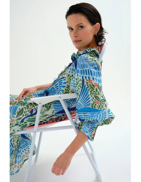 VESTIDO LARGO PLAYERO CON ESTAMPADO PARROT.