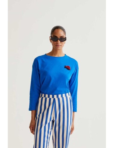 CAMISETA AZUL CON BORDADO COCCINELA.