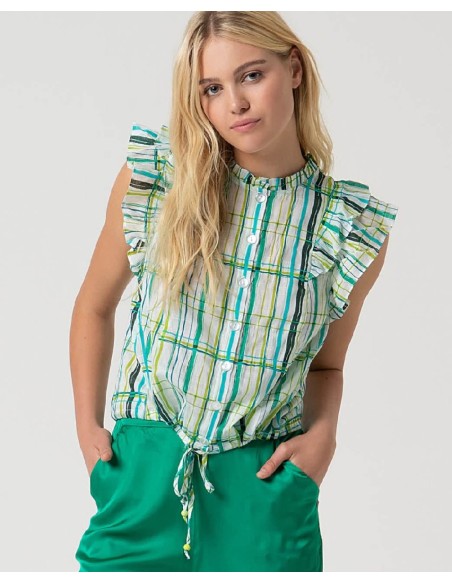 BLUSA CON VOLANTES EN MANGA Y CORDÓN EN BAJO.