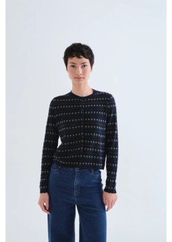 CHAQUETA DE PUNTO AZUL MARINO CON FLORES BORDADAS.