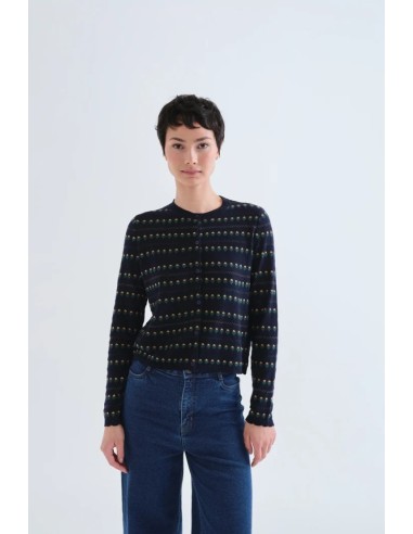 CHAQUETA DE PUNTO AZUL MARINO CON FLORES BORDADAS.